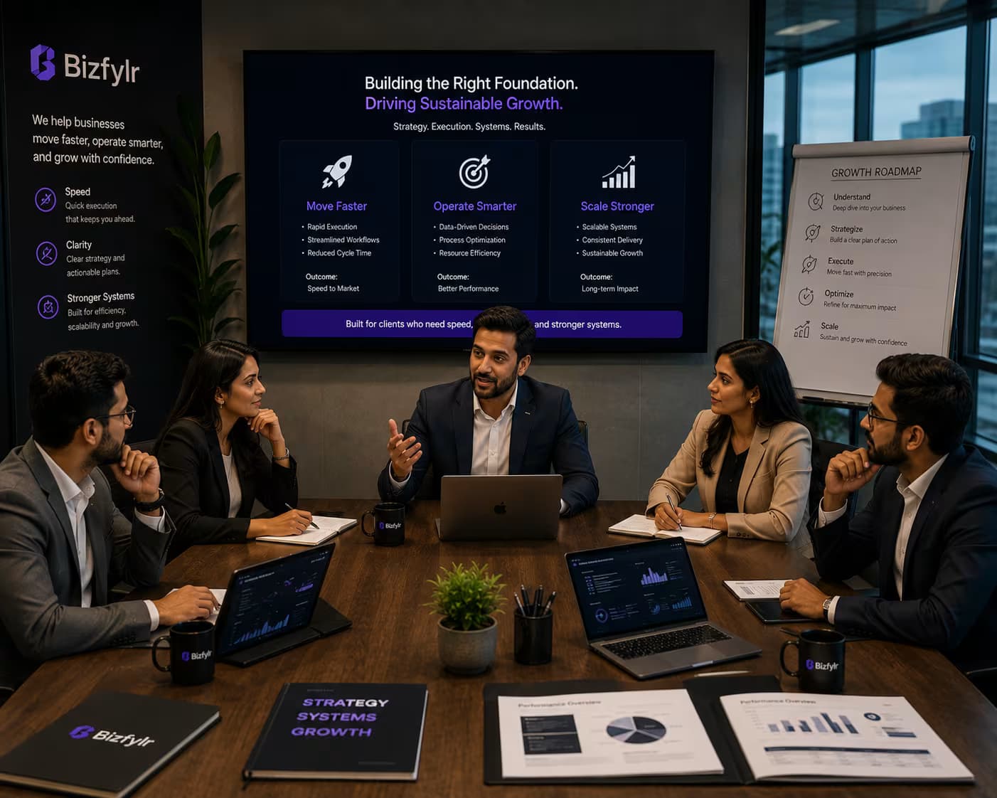 Leadership team meeting around a business growth discussion