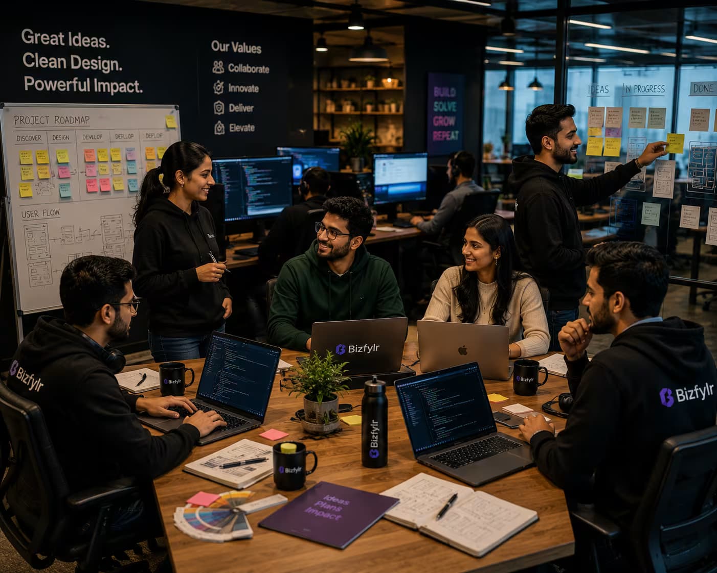Creative and technical team collaborating in a studio environment