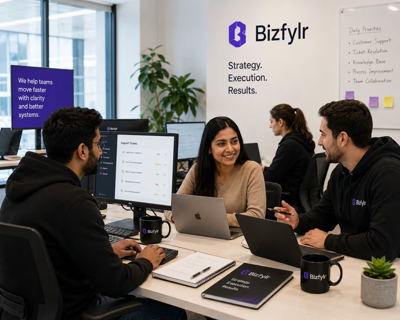 Support team in a collaborative office setting