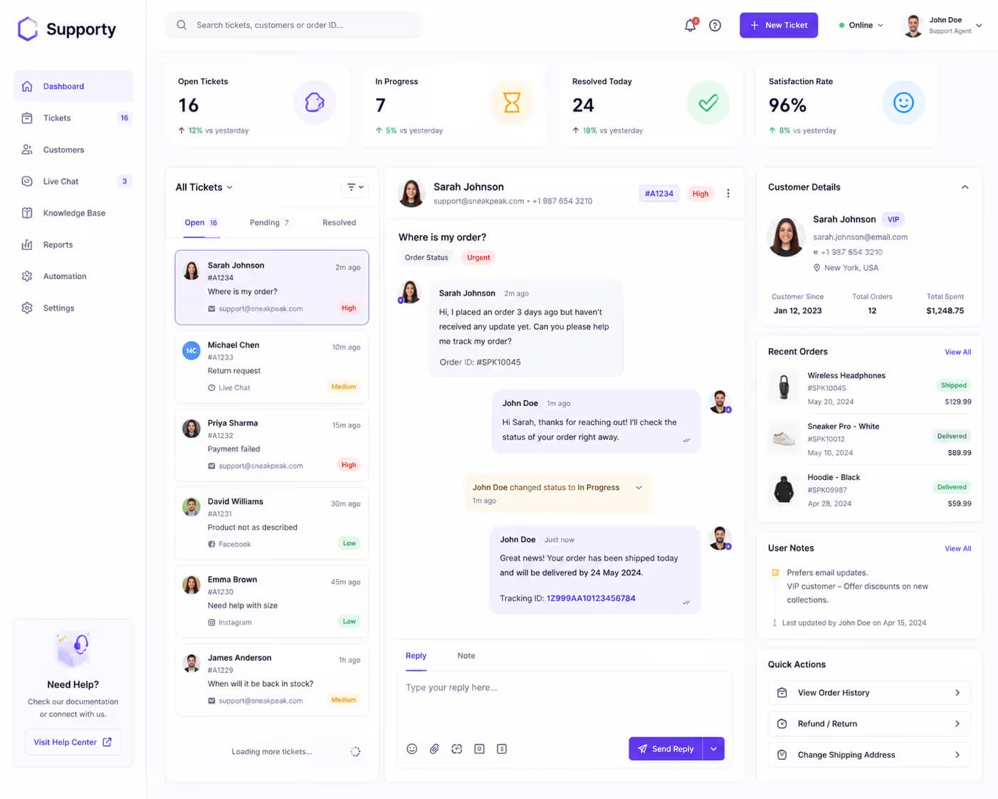 Customer support management interface for e-commerce support handling