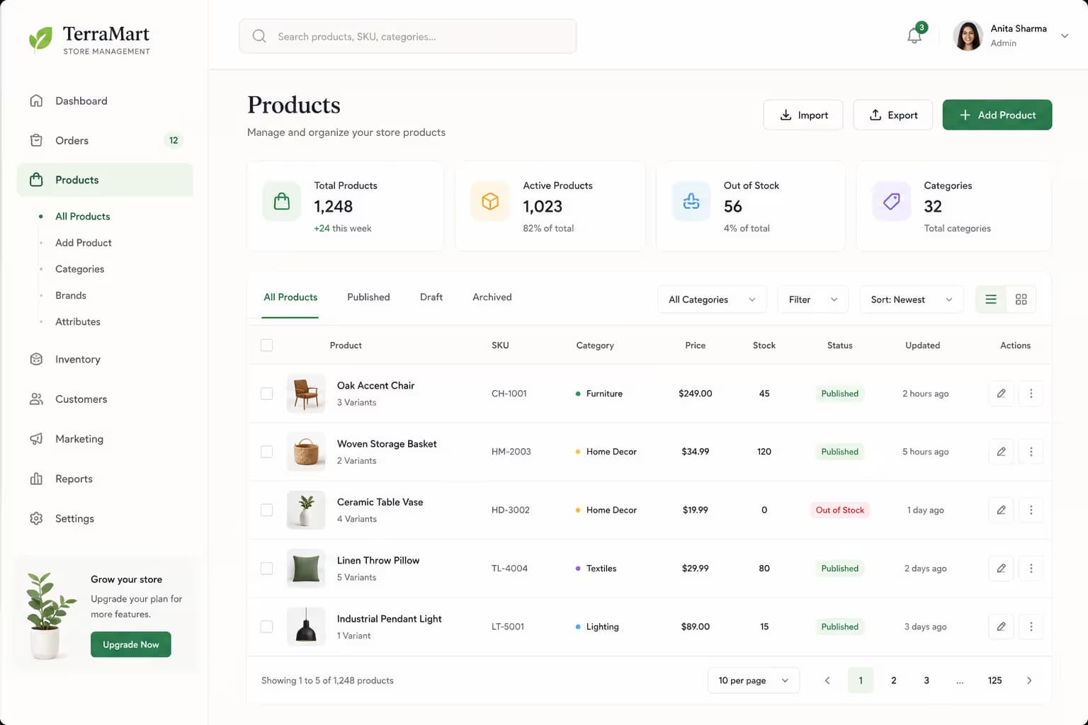 Product listing management interface for online retail catalog setup