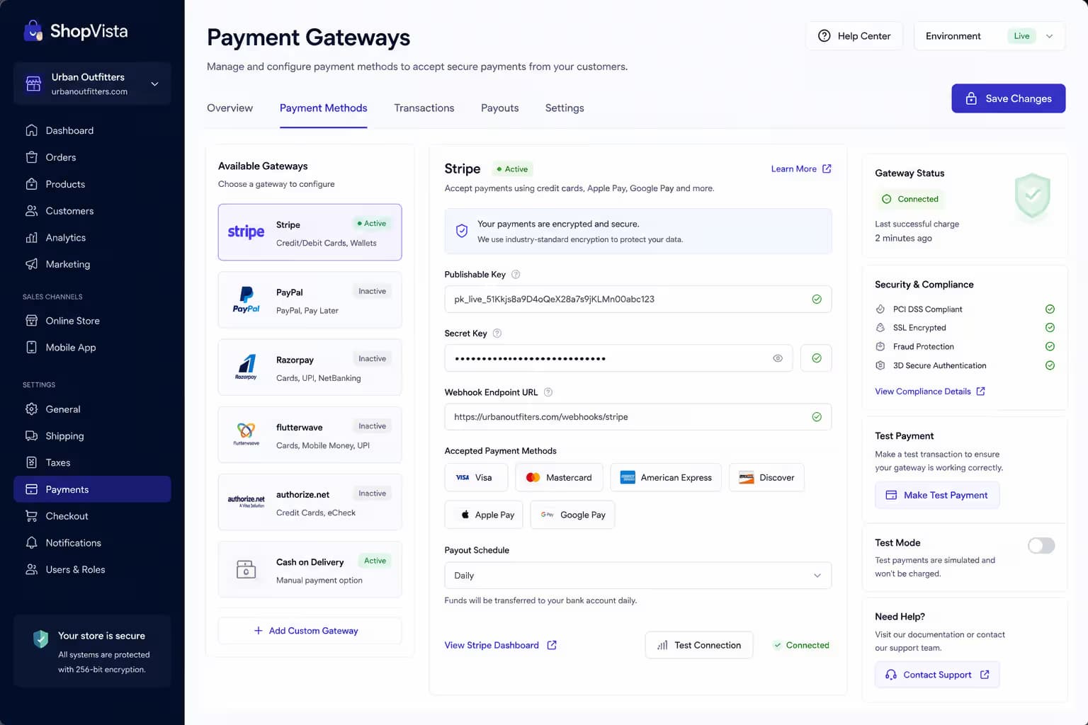 Secure payment gateway setup for an online commerce experience