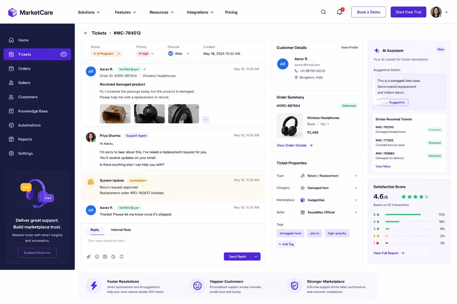 Customer support interface for marketplace operations handling