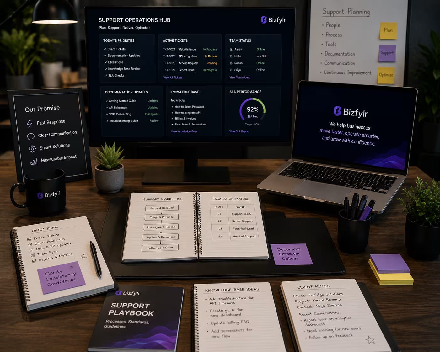 Desk workspace set up for planning, support documentation, and operational clarity