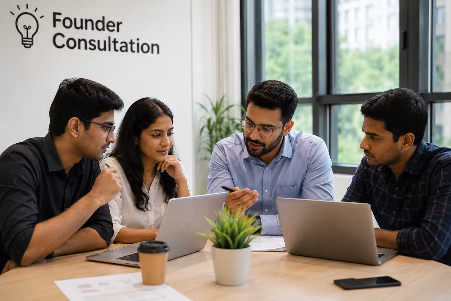 Startup team collaborating around laptops during a founder consultation session