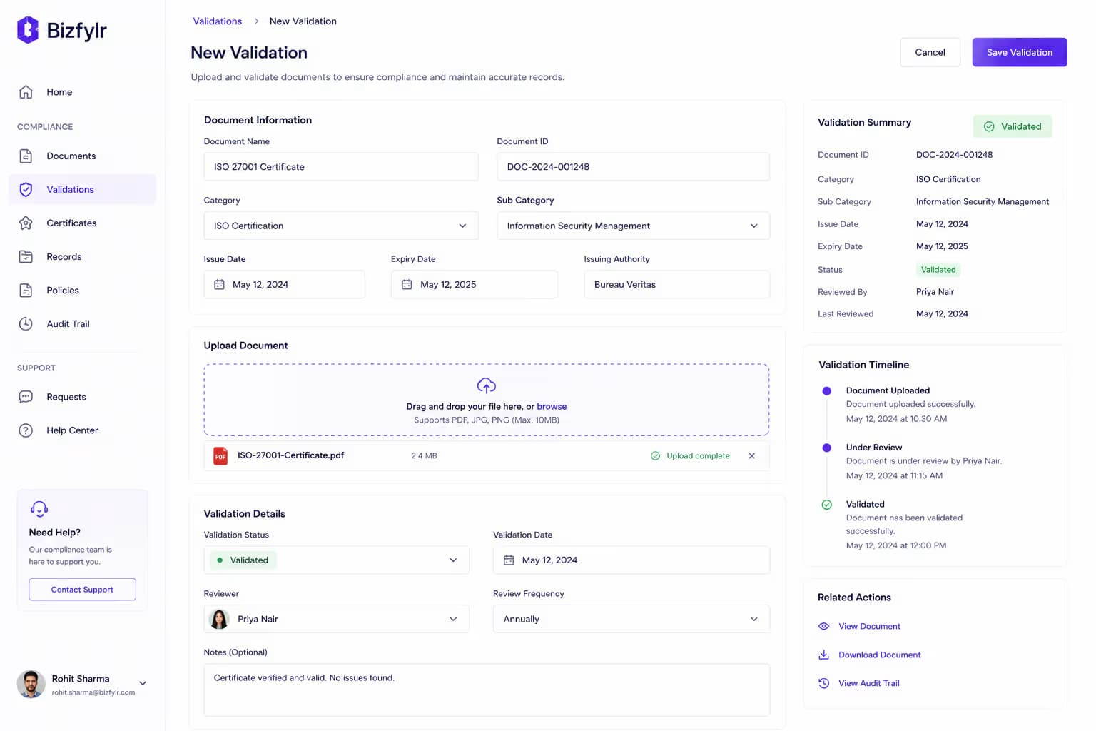Digital validation and documentation interface representing compliance record keeping