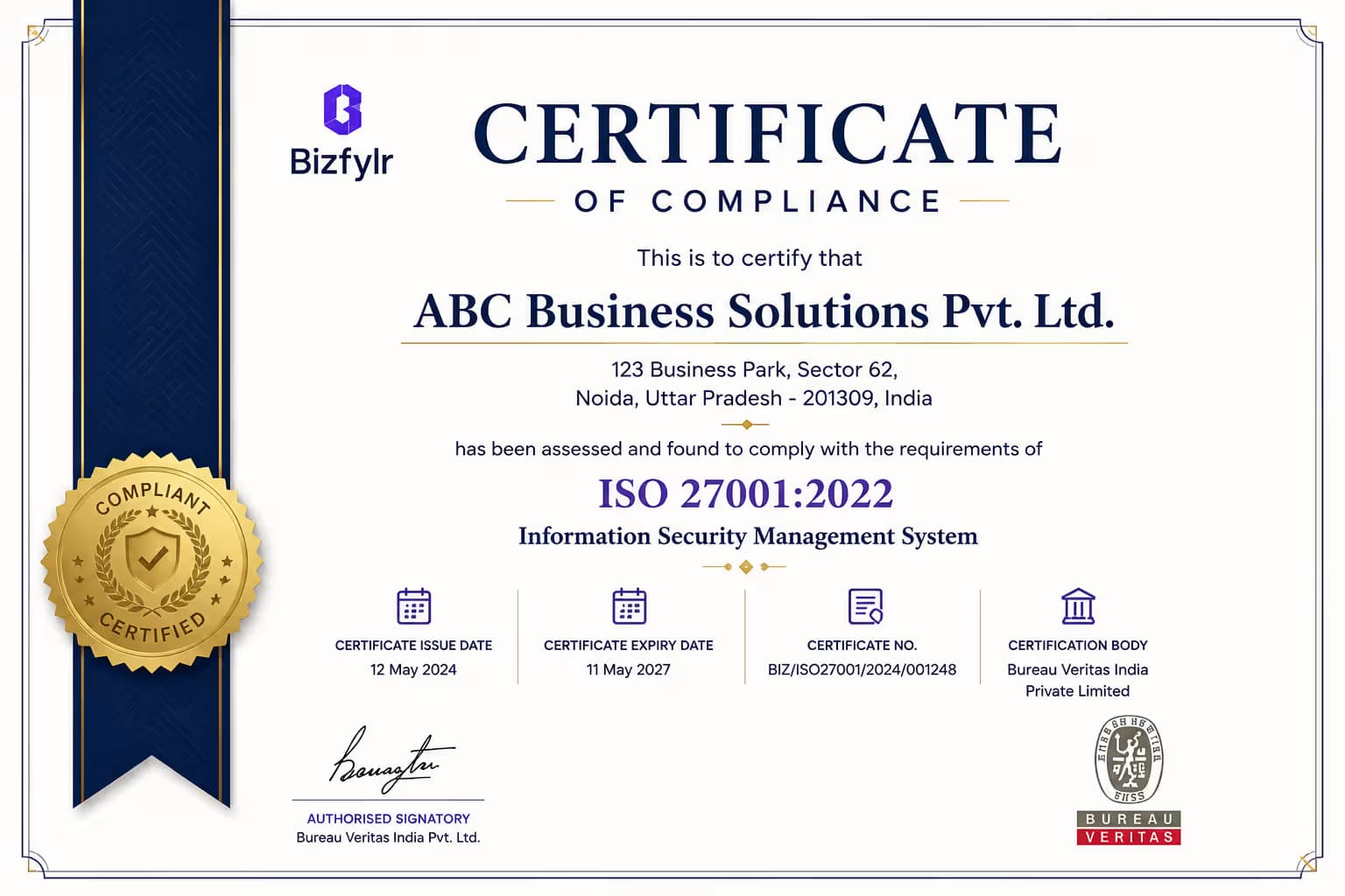Business certificate document representing compliant business record systems
