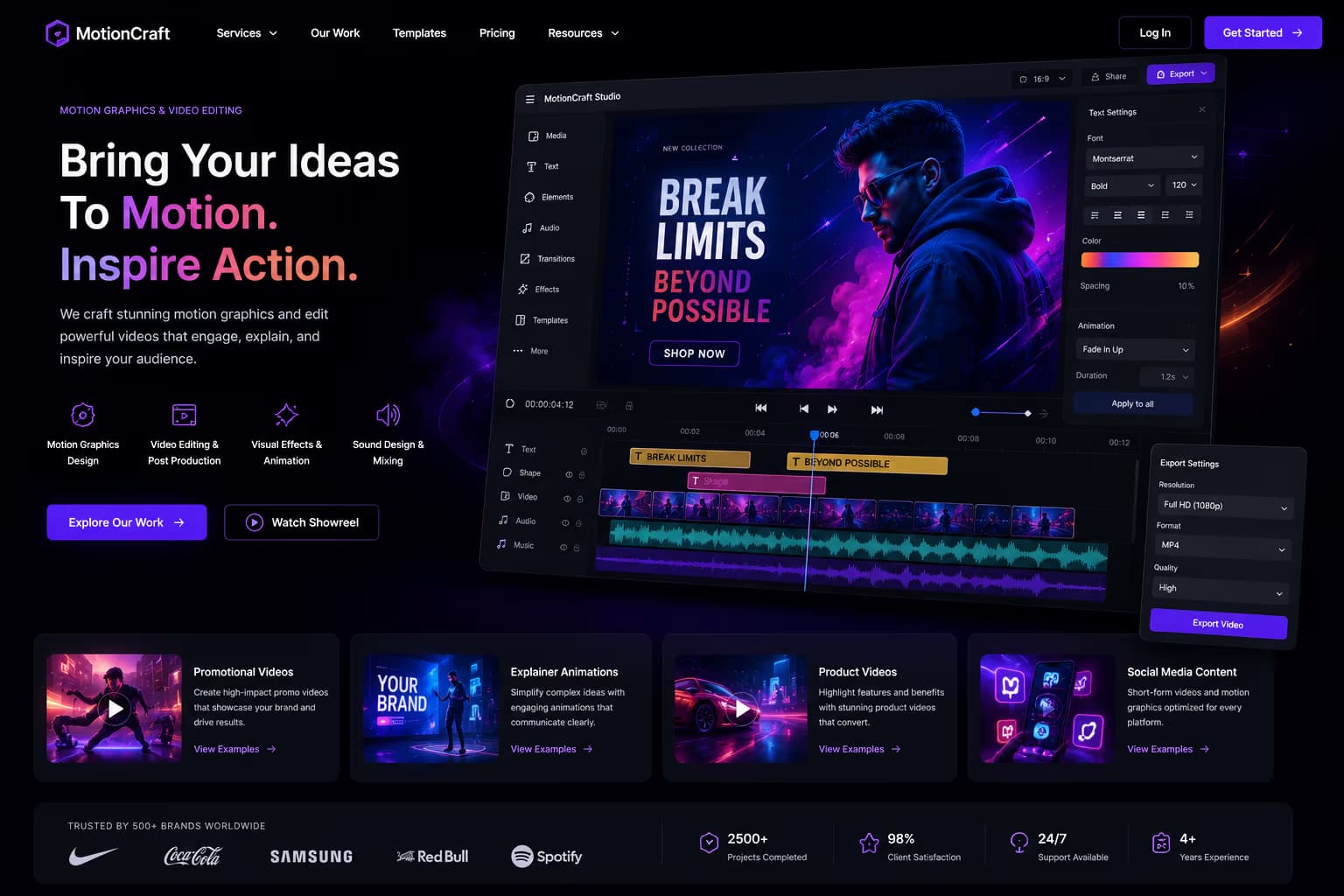 Motion graphics and video editing interface for promotional content